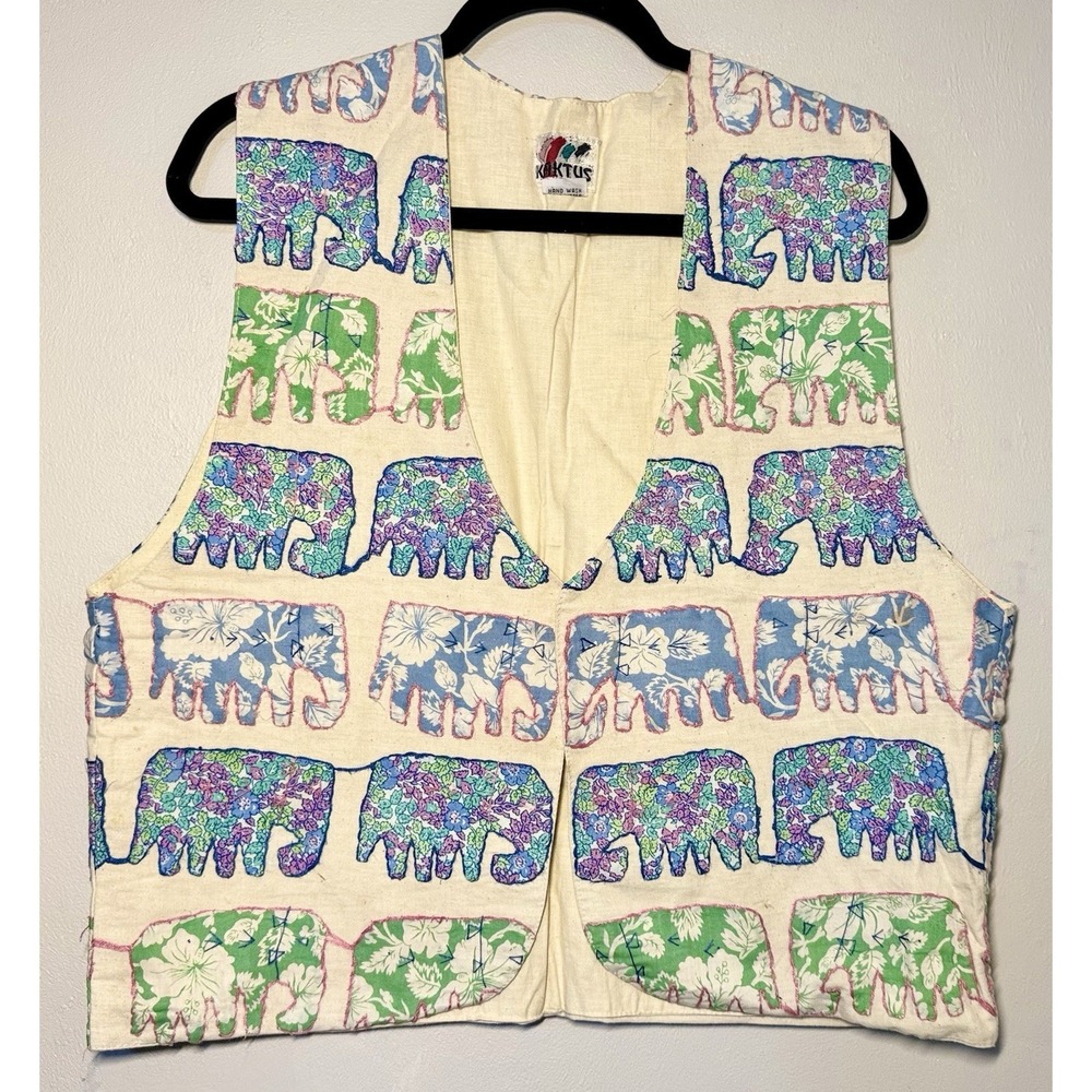 Vintage Hippy Kaktus Vest Size L Elephant Quilted Stitch Safari Savanna 90s Boho